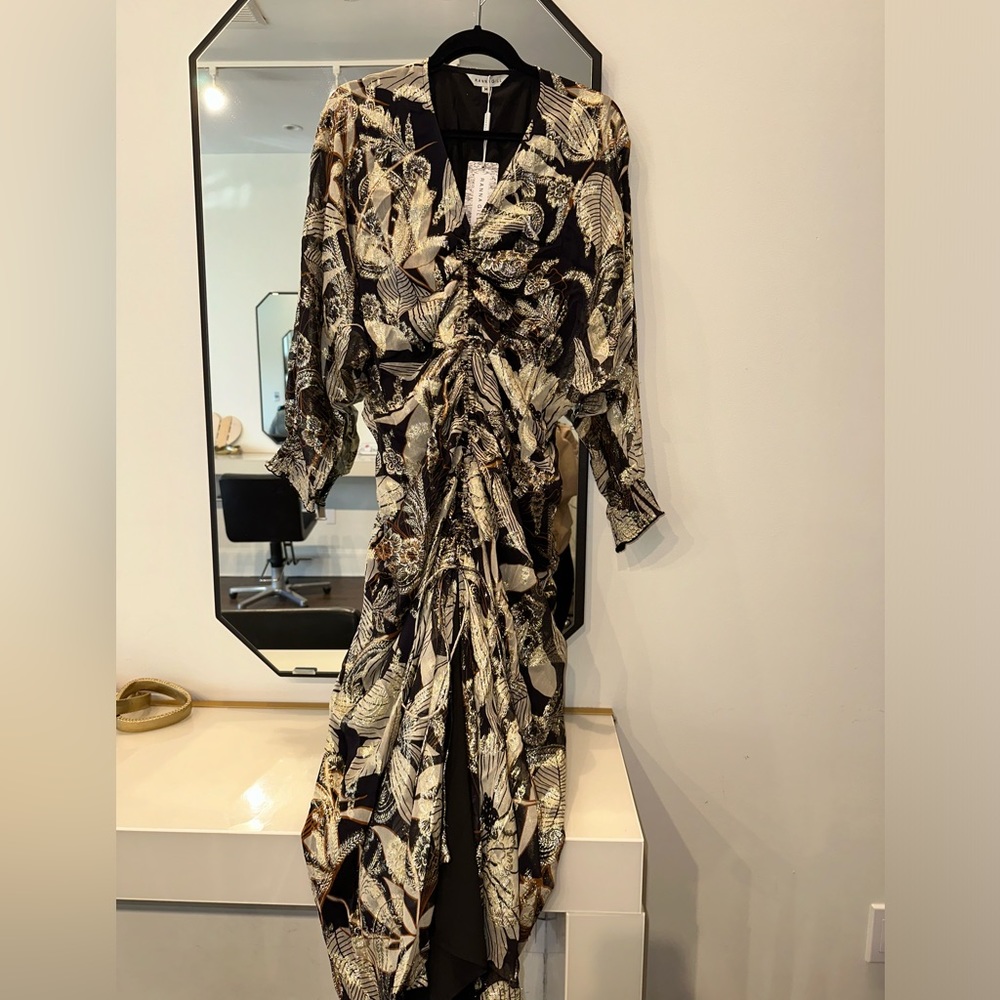 Ruched black and gold Ranna Gill midi dress